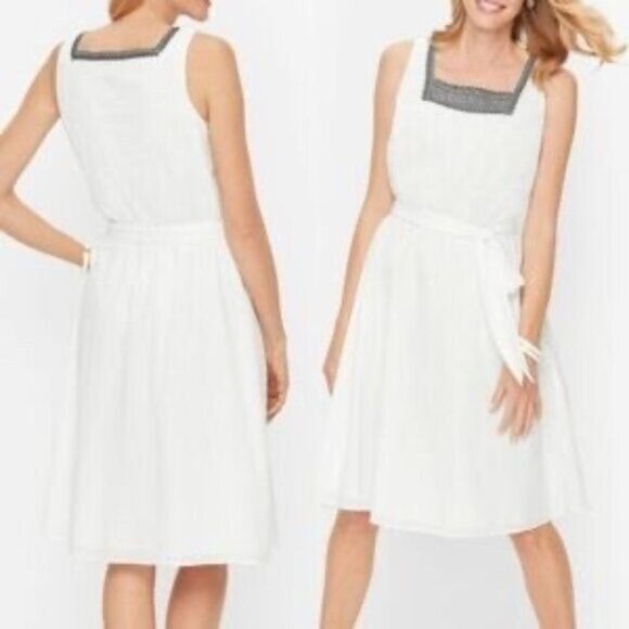 NWT Talbots White 100% Cotton Sleeveless Dress w/Black Trim Sz16 * Boho * Casual - Picture 1 of 6